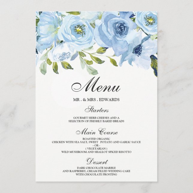 Sky Blue Watercolor Blume Moderne Hochzeiten Menükarte (Vorderseite)