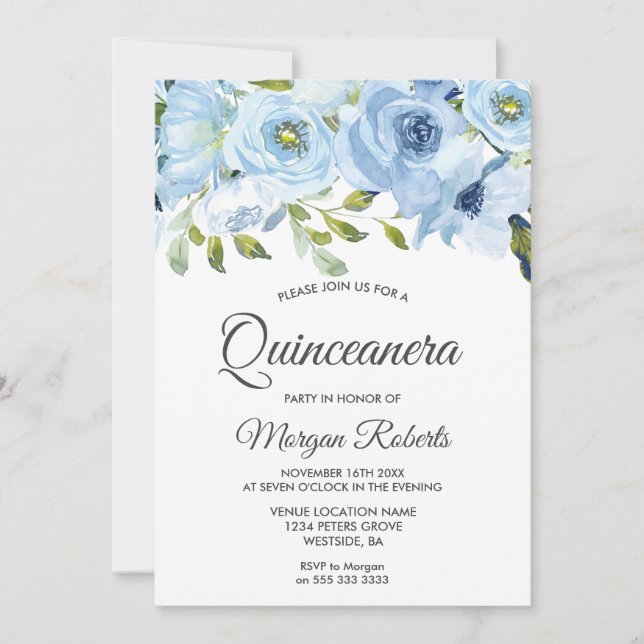 Sky Blue Watercolor Blume Moderne Quinceanera Einladung (Vorderseite)