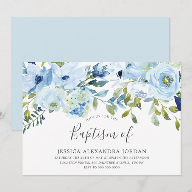 Sky Blue Watercolor Blume Taufe Christening Einladung (Vorne/Hinten)