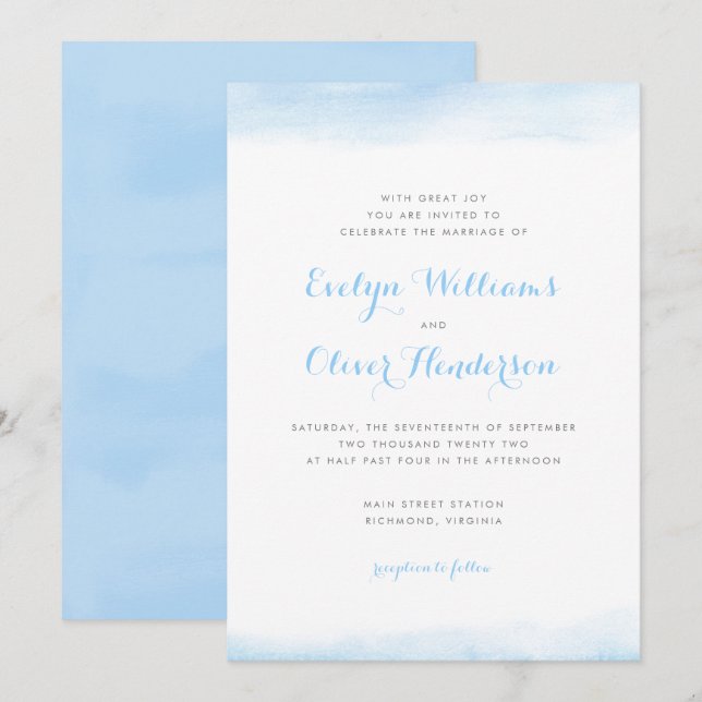 Sky Blue Watercolor Dip Wedding Einladung (Vorne/Hinten)