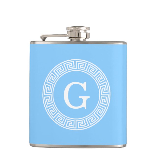 Sky Blue Whelt Griechisch Key Rnd Frame Initial Mo Flachmann (Vorderseite)
