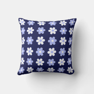 Sky Blue & White Blume auf Navy Blue Throw Kissen