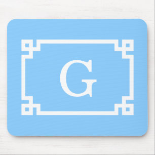 Sky Blue White Greek Key Frame #2 Initial Monogram Mousepad
