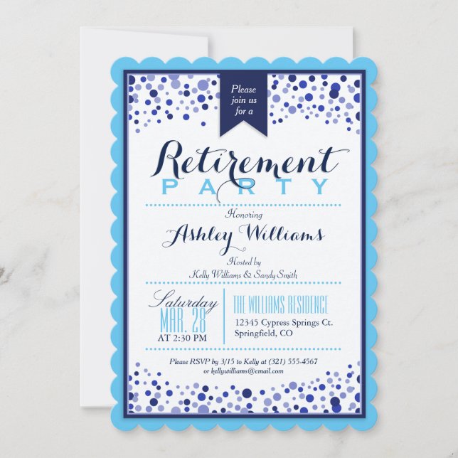 Sky Blue, White, Navy Blue Retirement Party Einladung (Vorderseite)