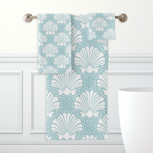Sky Blue & White Seashell Badhandtuch Set