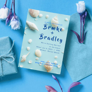 Sky Blue White Seashells Beach Wedding Einladung