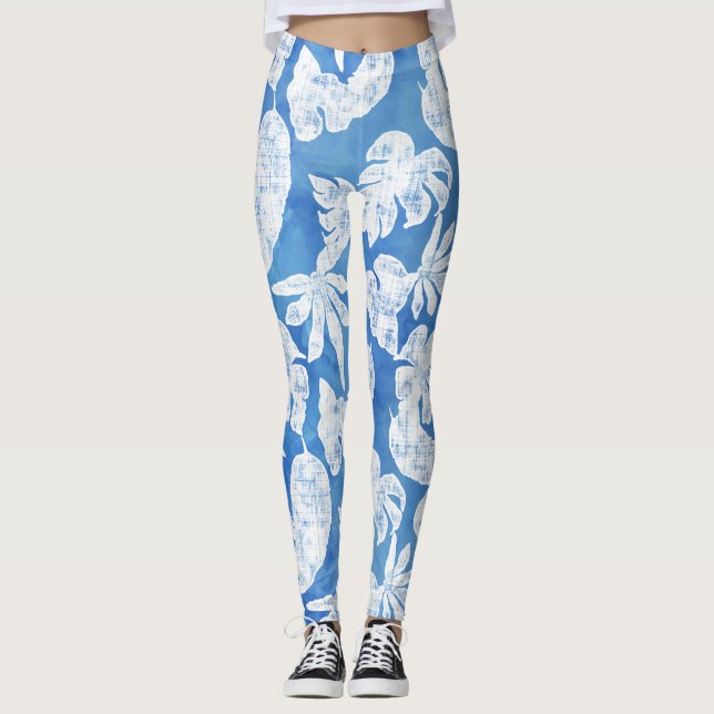 Sky Blue White Tropical Leaf Beach Sommer Leggings (Vorderseite)