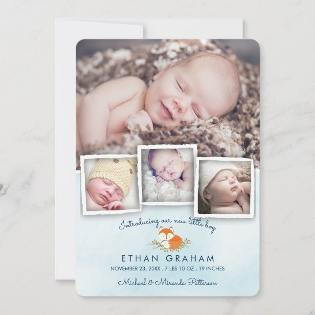 Sky Blue Woodland Fox Baby Boy Faire-part de naiss (Devant)