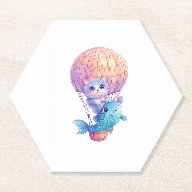 Sky High Kitty � Niedliches whimsical Cat Adventur Untersetzer (Vorderseite)