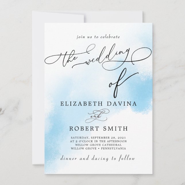 Sky Watercolor Wash und elegante Hochzeit Einladung (Vorderseite)
