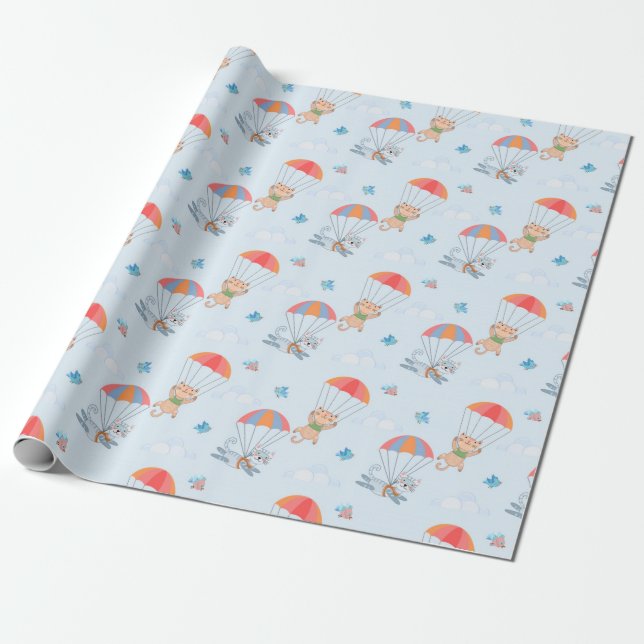Skydiver Cat Nahtloses Muster Geschenkpapier (Ungerollt)