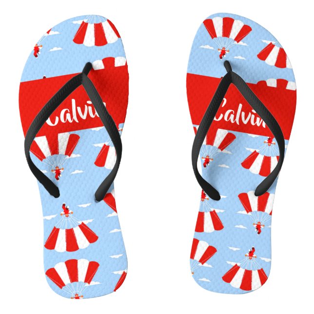 Skydiver with red and white parachute pattern flip flops (Fußbett)