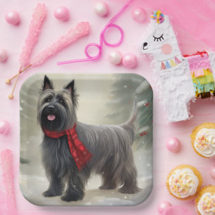 Skye Terrier Hund im Schnee Weihnachten Pappteller