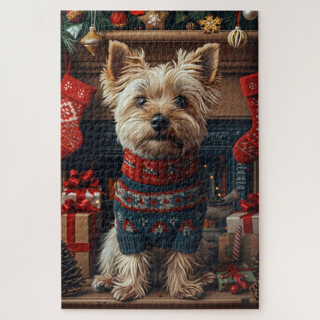 Skye Terrier Hund mit Weihnachtsgeschenken Kamin (Vertikal)