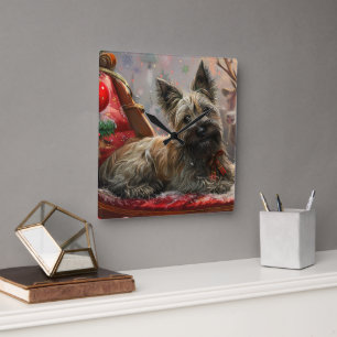 Skye Terrier Hund Weihnachtsfestlich Quadratische Wanduhr