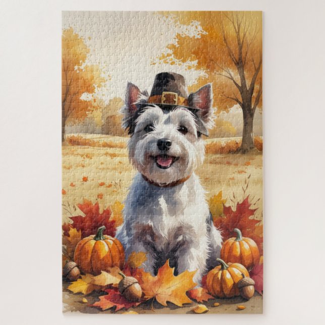 Skye Terrier im Herbst hinterlässt Erntedank Art (Vertikal)