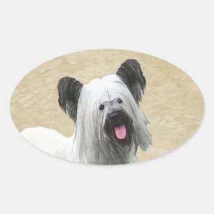 Skye Terrier Painting - Niedliche Original Dog Art Ovaler Aufkleber