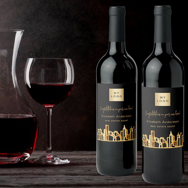 Skyline-Anwesen-Logo der Stadt Schwarzes Gold Weinetikett (Von Creator hochgeladen)