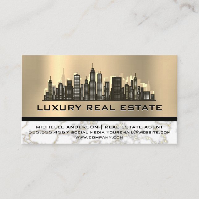 Skyline City | Gold Foil Metallic Marmor Visitenkarte (Vorderseite)