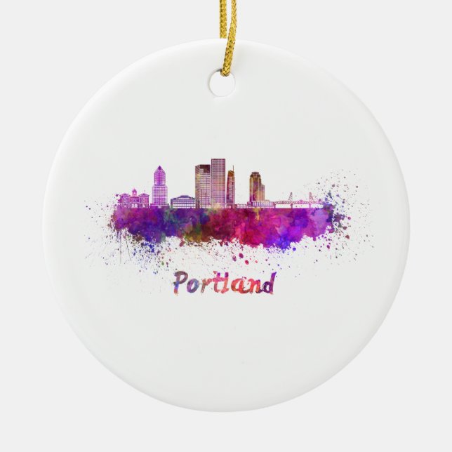 Skyline Portland V2 in Aquarellfarben Keramik Ornament (Vorne)