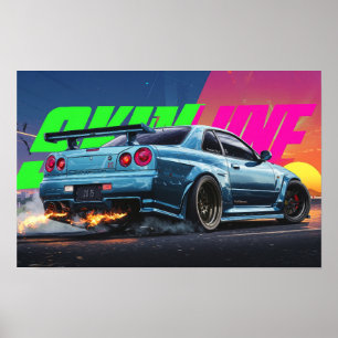 Skyline R34 Neon Drift Poster