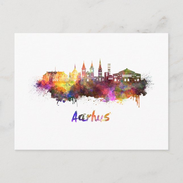Skyline von Aarhus in Aquarellfarben Postkarte (Vorderseite)