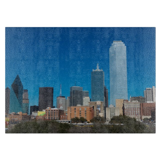 Skyline von Dallas Texas bei Sonnenuntergang Schneidebrett (Vorderseite)