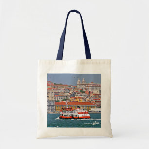 Skyline von Lissabon mit alter Fähre am Fluss Tagu Tragetasche