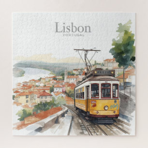 Skyline von Lissabon - Vintage Straßenbahn - Kunst