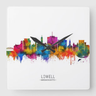 Skyline von Lowell Massachusetts Quadratische Wanduhr