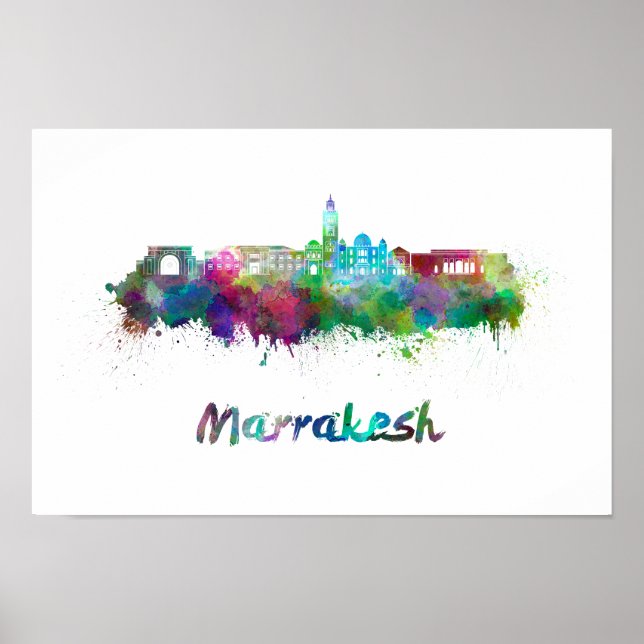 Skyline von Marrakesch in Aquarellfarben Poster (Vorne)