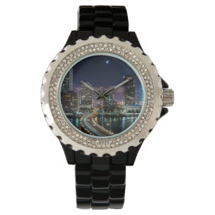 Skyline von Miami-Stadt mit Brücke nachts Armbanduhr