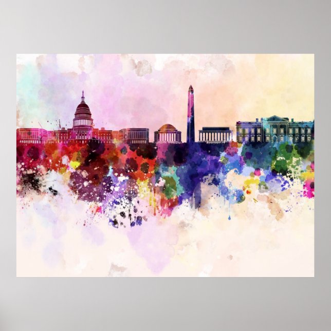 Skyline von Washington DC mit Aquarellfarben Poster (Vorne)