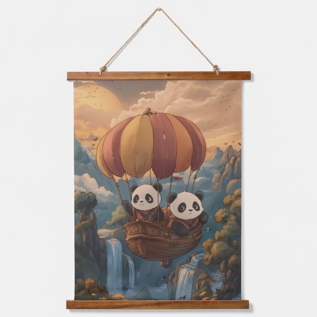 Skyward Journey: Panda Explorers in Flight Wandteppich Mit Holzrahmen (Vorderseite)