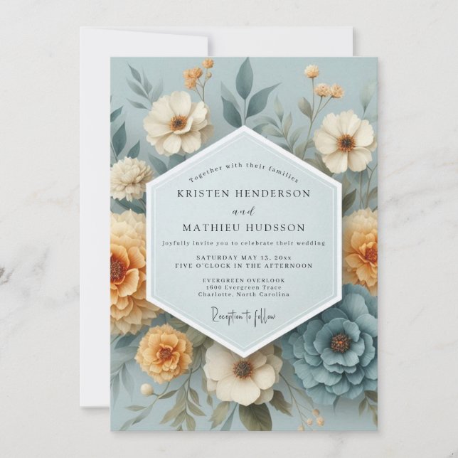 Slate Blue Amber Bloom Wedding Einladung (Vorderseite)