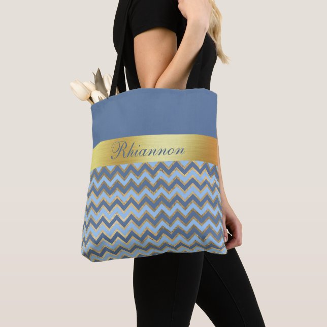 Slate Blue and Gold Zickzack Muster - Personalisie Tasche (Von Nahem)