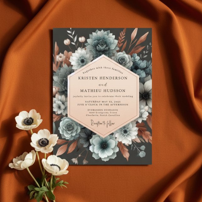 Slate Blue Autumn Bloom Wedding Einladung (Von Creator hochgeladen)