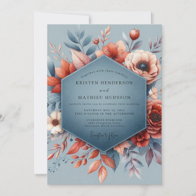 Slate Blue Autumnal Bloom Wedding Einladung (Vorderseite)