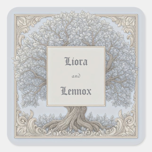 Slate Blue Baroque Gnarled Tree Frame Wedding Quadratischer Aufkleber (Vorderseite)