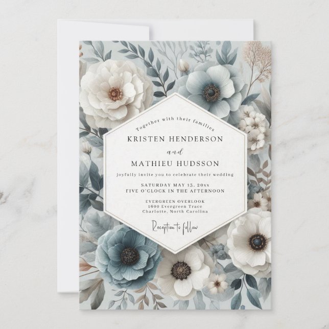 Slate Blue Botanical Bloom Wedding Einladung (Vorderseite)