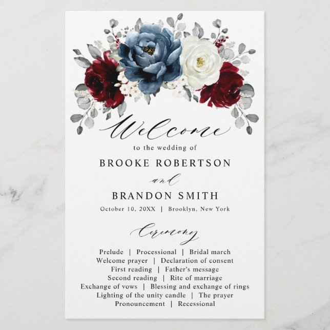 Slate Blue Bourgogne White Ivory Wedding Programme (Devant)