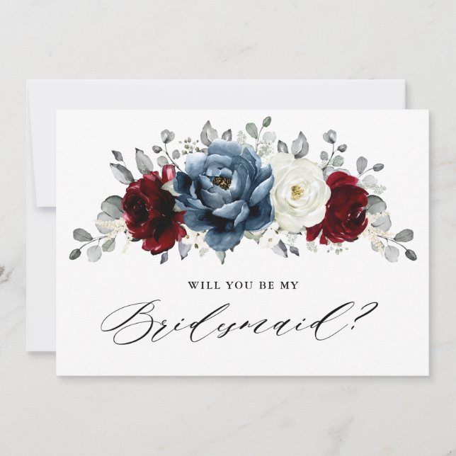 Slate Blue Burgundy Ivory Bridesmaier Vorschlag Einladung (Vorderseite)