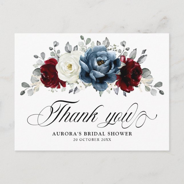 Slate Blue Burgundy White Brautparty Vielen Dank Postkarte (Vorderseite)