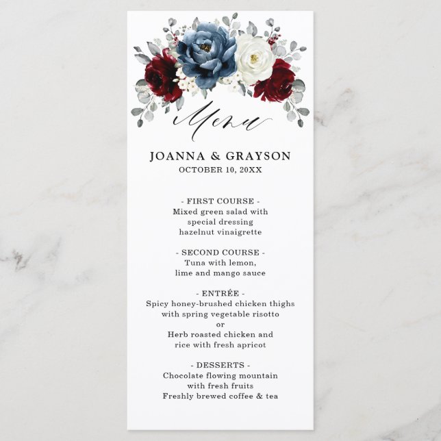 Slate Blue Burgundy White Elvory Floral Wedding Me Menükarte (Vorderseite)
