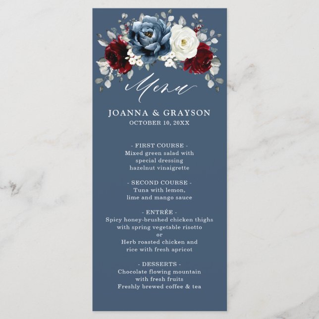 Slate Blue Burgundy White Elvory Floral Wedding Me Menükarte (Vorderseite)