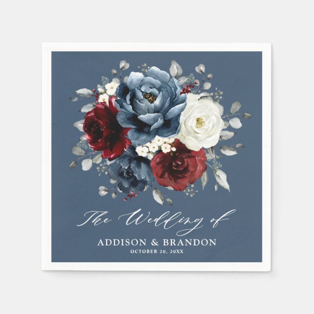 Slate Blue Burgundy White Elvory Floral Wedding Na Serviette (Vorderseite)