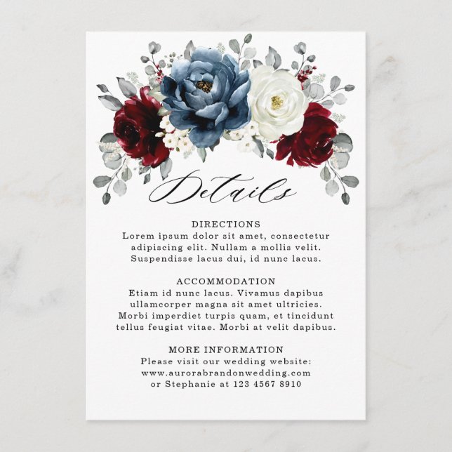 Slate Blue Burgundy White Elvory Hochzeitsdetails Begleitkarte (Vorderseite)