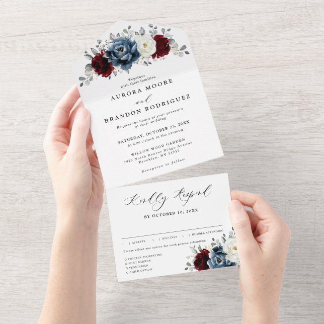 Slate Blue Burgundy White Ivory Bluoral Wedding All In One Einladung (Abreißen)