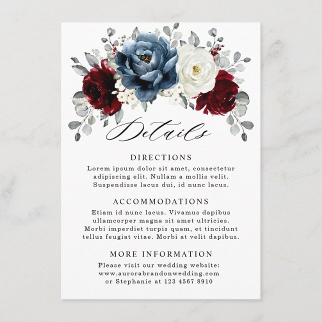 Slate Blue Burgundy White Ivory Bluoral Wedding Begleitkarte (Vorderseite)