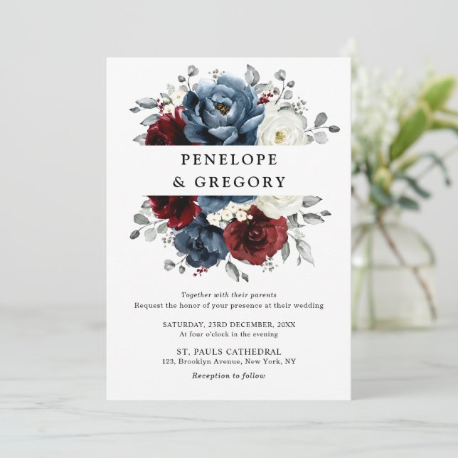 Slate Blue Burgundy White Ivory Bluoral Wedding Einladung (Stehend Vorderseite)